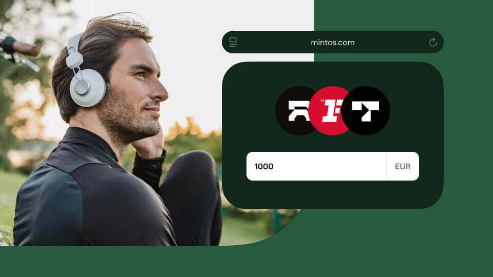A man in headphones sits outdoors, smiling, with a website interface beside him showing Mintos, three logo icons, and a 1000 EUR input field on the investment platform.