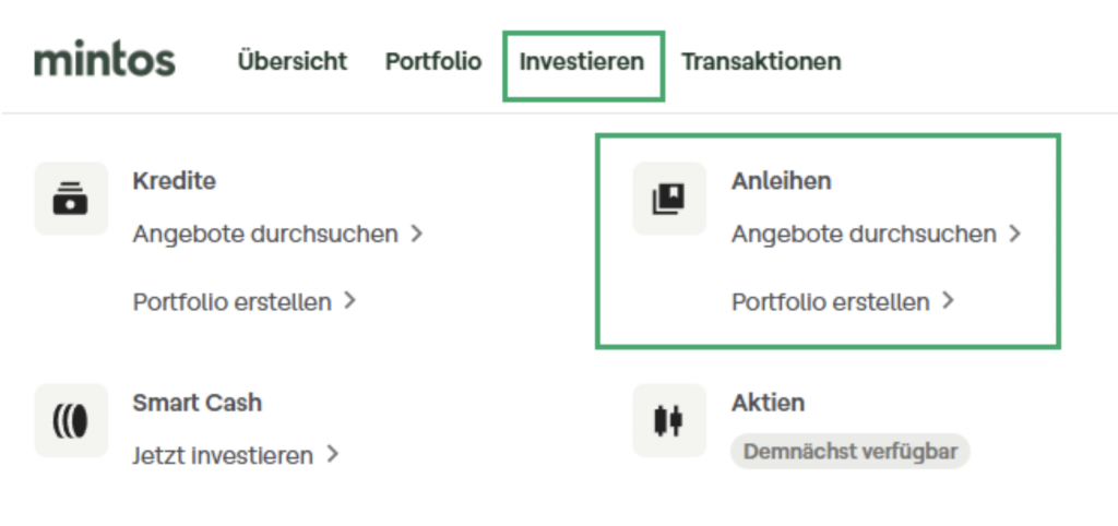 Sie finden Anleihen unter dem Punkt “Investieren” im Hauptmenü