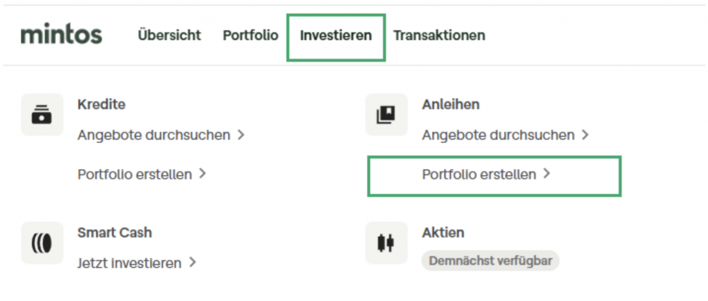 Sie finden die Anleihen-Portfolios unter dem Punkt “Investieren”, “Anleihen” und “Portfolio erstellen”