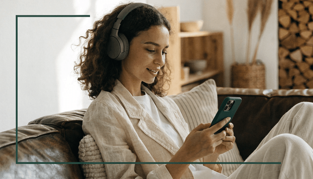 A young woman wearing headphones relaxes on a sofa while browsing her smartphone, illustrating the ease of exploring the best ways to invest €10K.