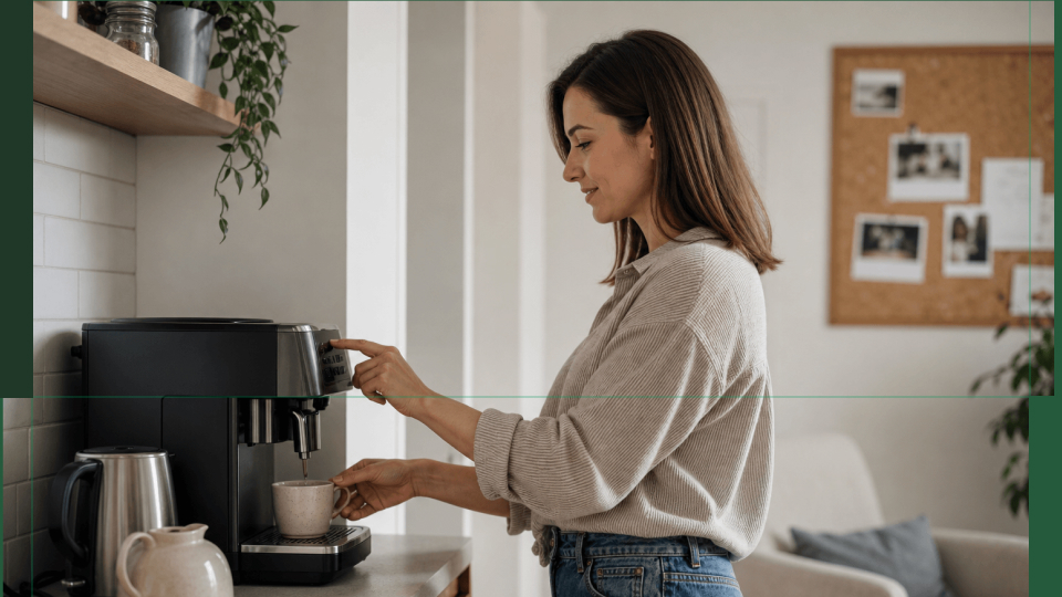 Una mujer preparando café en una cocina luminosa y acogedora, con encimeras de madera natural y una atmósfera cálida y hogareña.