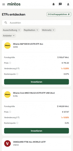 Sie könnten bei Mintos unter mehr als 1.000 ETFs branchenführender Anbieter auswählen. Die dargestellten ETFs sind lediglich eine zufällige Auswahl zu Illustrationszwecken und keine Anlageempfehlung.